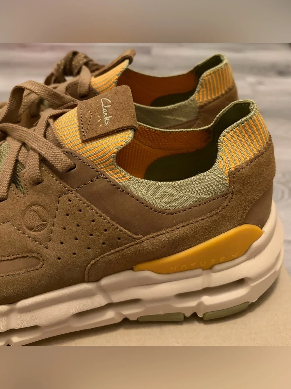 Clarks Men’s Tan/Brown Suede Casual Sneakers with Yellow Highlights